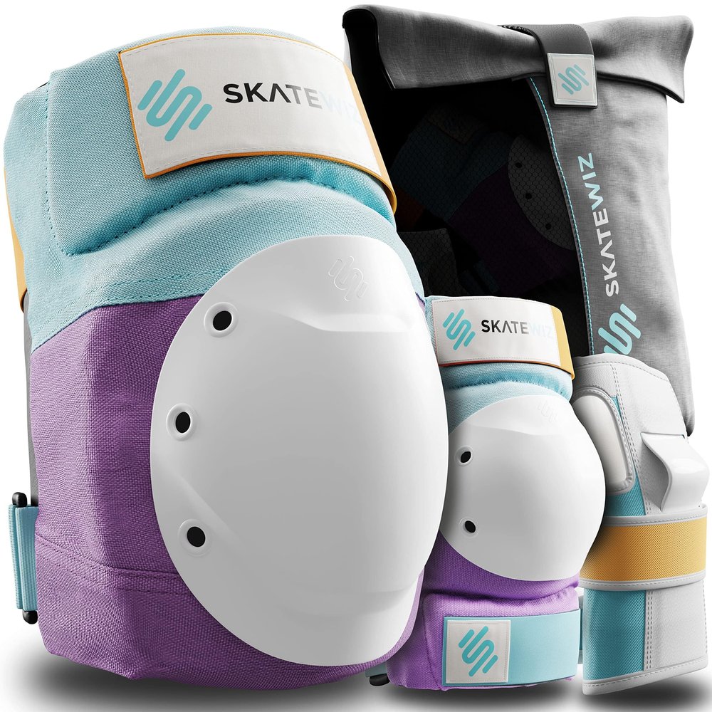 SKATEWIZ Knee and Elbow Pads Adult - Skating Protective Gear Adult - Shield - Size L Lavender Blue - Skateboard Pads with Wrist Guards for Inline Skates, Roller Skate - Ice Skates for Men