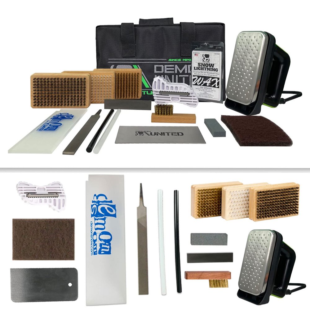 DEMON UNITED USA Silver Edition Ski & Snowboard Tuning Kit w/All Season Wax, Ski Hot Wax Iron, Edge Tuner, Metal Scraper, & More! (Silver Edition Plus Elite Edge Kit)