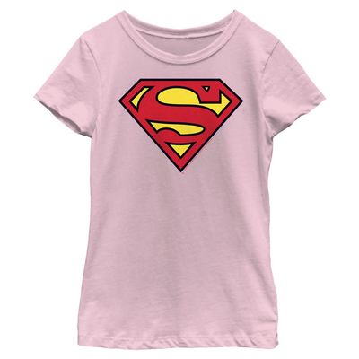 DC Comics Superman Classic Logo Girls Short Sleeve Tee Shirt, Light Pink