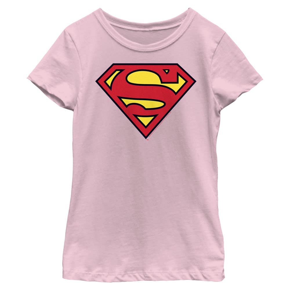 DC Comics Superman Classic Logo Girls Short Sleeve Tee Shirt, Light Pink