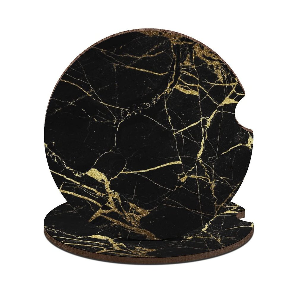 Gold and Black Marble Texture Wood Car Coasters for Cup Holders Drink Coaster Cup Mat Car Accessories for Women Men 2PCS