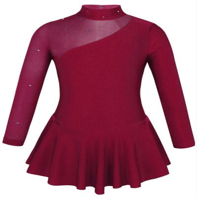 CHICTRY Girls' Sparkly Mock Neck Mesh Figure Ice Skating Dress Spandex Long Sleeves Dance Leotard Burgundy 4