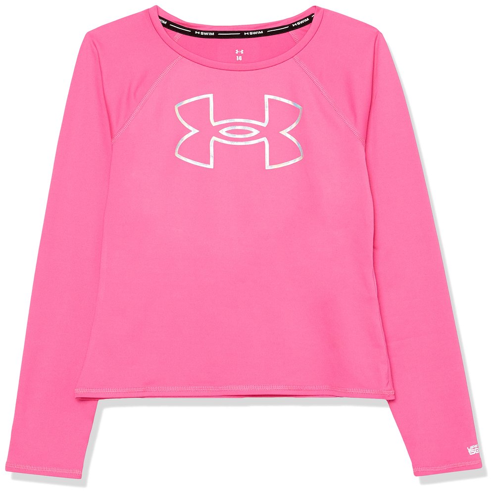 Under Armour Girls Core Rashguard, Long Sleeve Top, Logo Design, UPF 50 Rash Guard Shirt, Rebel Pink, 16 US