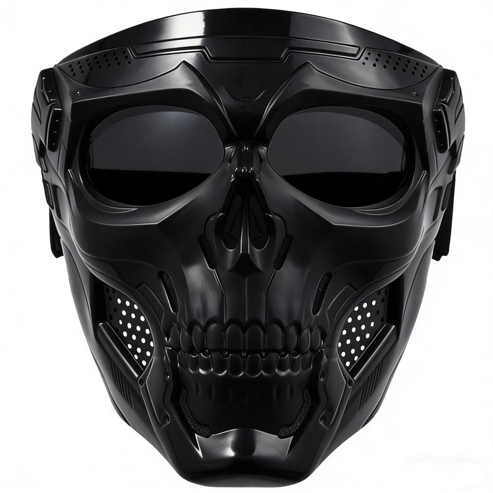 Airsoft Mask Paintball Mask Full Face Tactical Mask Suitable for ATV Motorcycle Cycling Skiing Halloween CS Game Cosplay Skull Mask (Black-Black Lens)