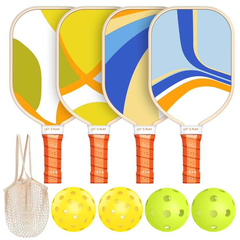 Pickleball Paddles Set of 4, Premium Wood with 4 Indoor & Outdoor Pickleball Balls and 1 Carry Bag, Pickleball Rackets with Ergonomic Cushion Grip for Beginner & Professional Gifts for Women Men Youth