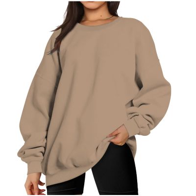 Women's Oversized Crewneck Sweatshirts Long Sleeve Pullover Sweatshirt Casual Hoodie Tops No Hood Fashion Clothes Khaki
