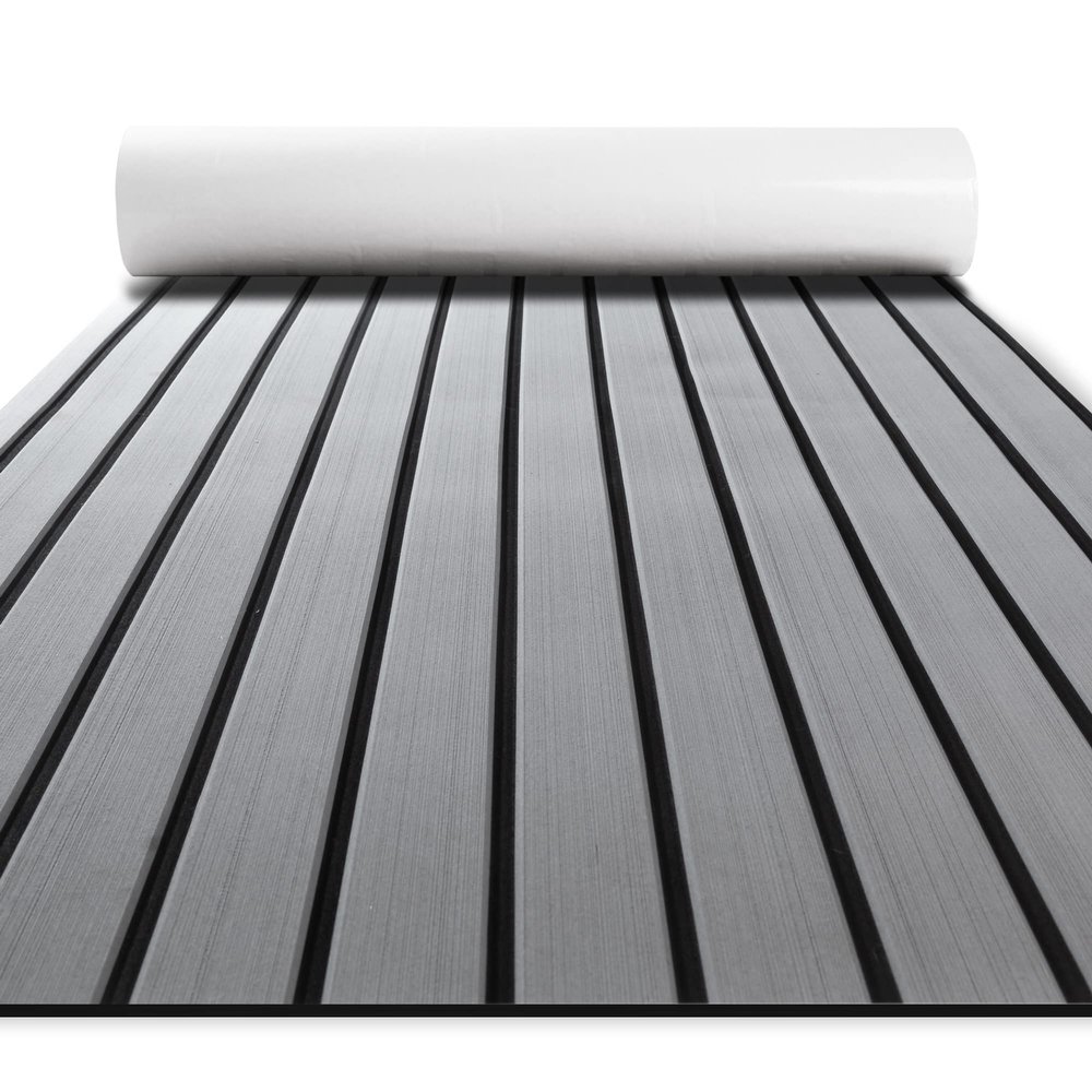 Fullfire EVA Foam Boat Flooring, Faux Teak Marine Boat Decking Sheet with Self-Adhesive Deck Carpet for Bass Boat Jon Boat Pontoon RV Kayak Floor 94" x 15" Grey with Black Lines