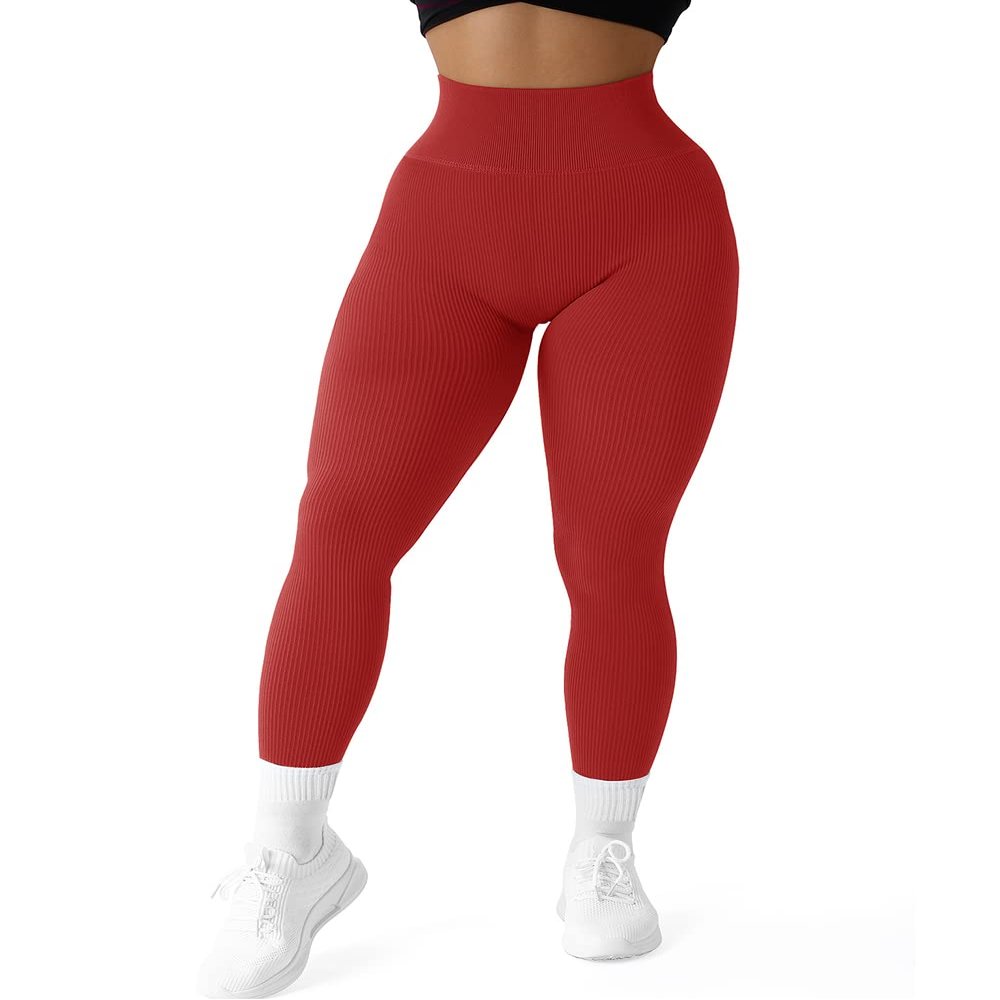 SUUKSESS Women Ribbed Seamless Leggings High Waisted Tummy Control Workout Yoga Pants (Red, XL)