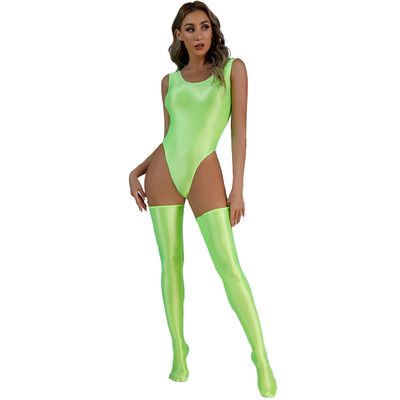 Vxuxlje Womens 3 Pieces Set Glossy Bodysuit High Cut Sleeveless Leotard Swimsuit with Stockings Fluorescent Green X-Large