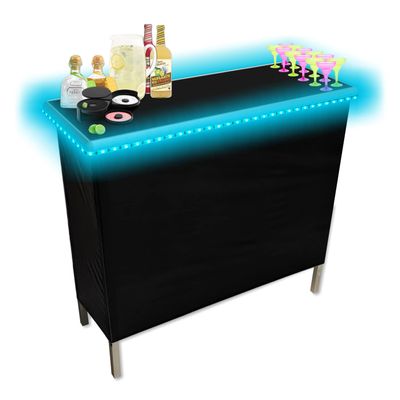 Folding Portable Party Bar w/Patented Multi-Color LED Lights, Black & Hawaiian Bar Skirts, and Storage Shelf - Single Set