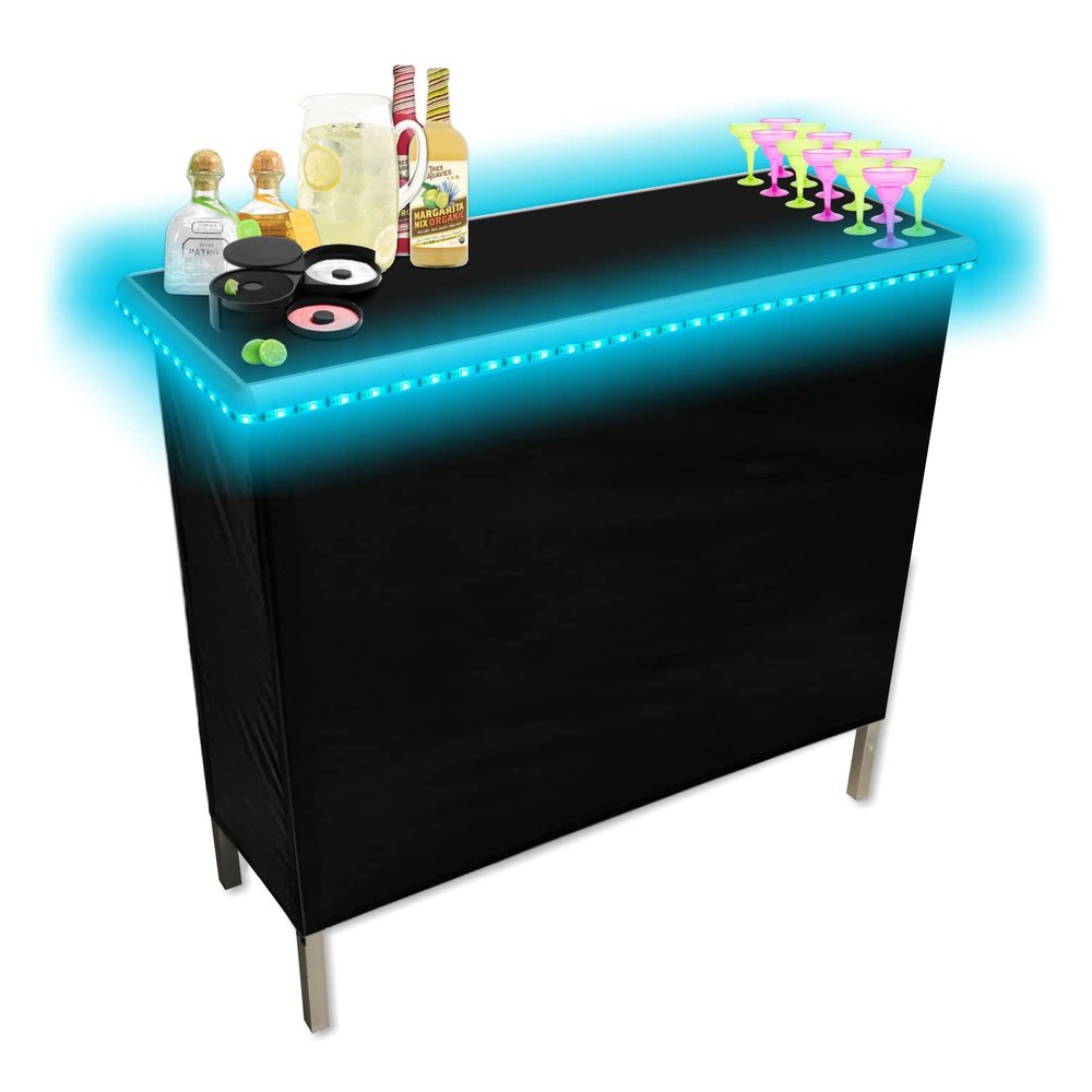 Folding Portable Party Bar w/Patented Multi-Color LED Lights, Black & Hawaiian Bar Skirts, and Storage Shelf - Single Set