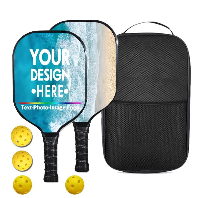Personalized Pickle Ball Rackets Set of 2,Graphite Pickleballs Paddles with 4 Balls and Portable Bag,Pickleball Rackets 2 Pack with Photo or Text Neon Green