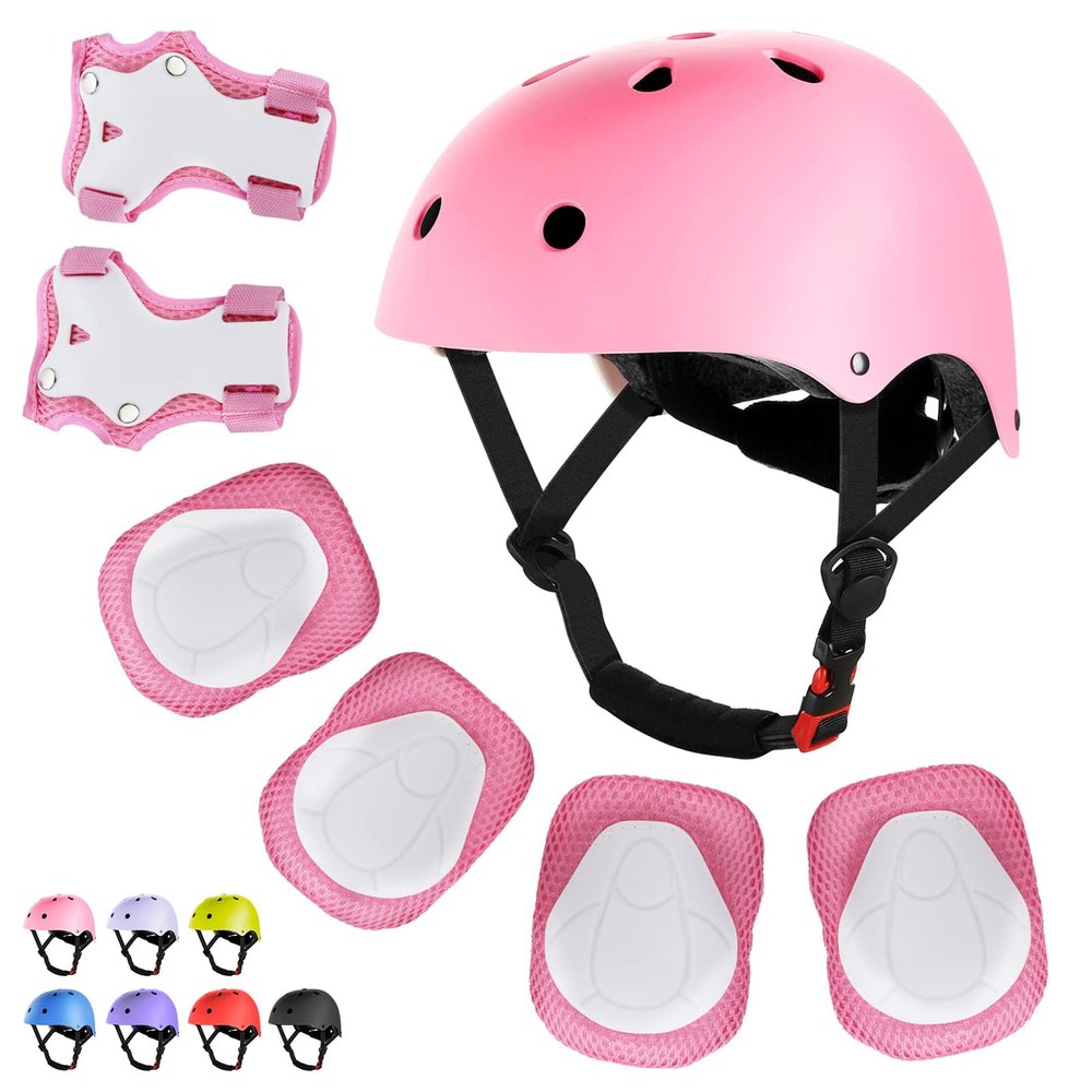 WayEee Kids Bike Helmet Set Skateboard Knee Pads, 7PCS Protective Gear Adjustable for Girls Boys 3-10 Age Elbow Pads Wrist Guards for Outdoor Sports Cycling Bike Roller Skating Scooter, Youth, Pink