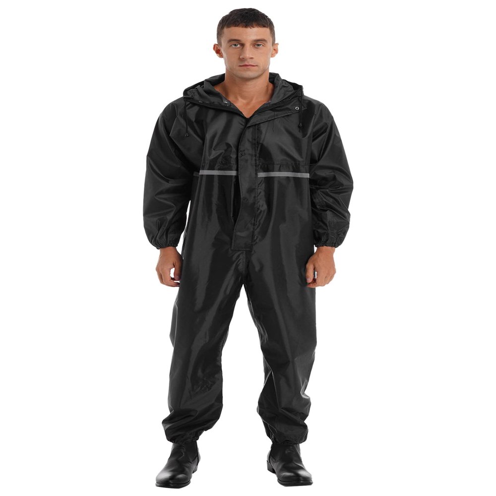 Hularka Men's One Piece Lightweight Rain Suit Waterproof Windproof Rainwear Reflective Strip Jumpsuit Black X-Large