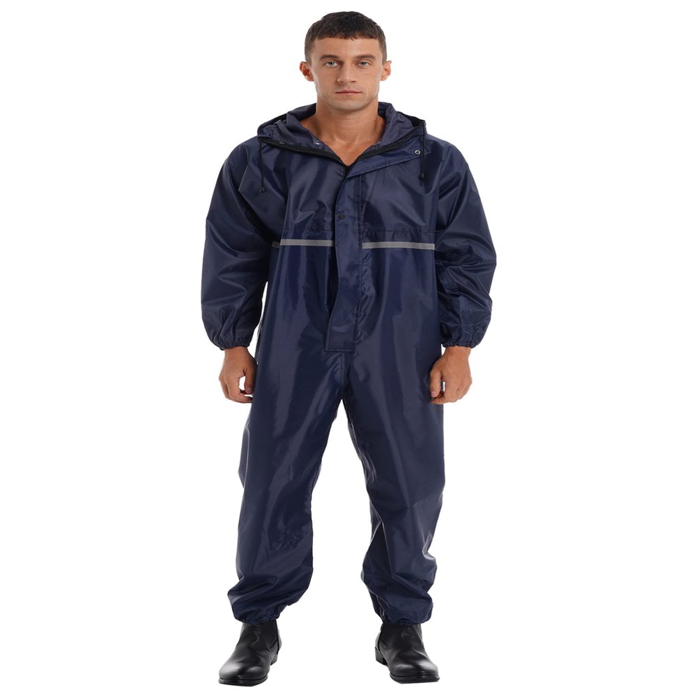 Hularka Men's One Piece Lightweight Rain Suit Waterproof Windproof Rainwear Reflective Strip Jumpsuit Navy Blue 4X-Large