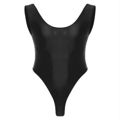 QinCiao Men's U Neck Bodysuits Tight Oil Glossy One Piece High Neck Tank Tops Shapewear Swimsuits Black X-Large
