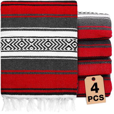 Oudain 4 Pcs Mexican Blankets Bulk Handwoven Mexican Yoga Blanket Towel Colorful Falsa Serape Woven Throw Blanket Boho Beach Blankets for Outdoor Camping Beach Picnic Travel Home(Red)