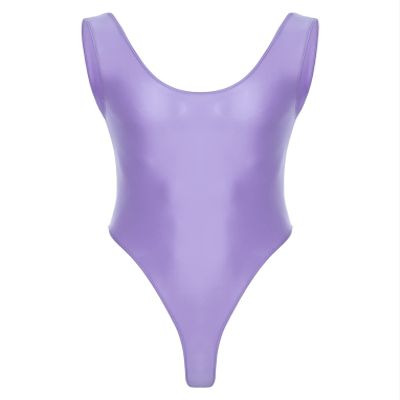 QinCiao Men's U Neck Bodysuits Tight Oil Glossy One Piece High Neck Tank Tops Shapewear Swimsuits Light Purple X-Large