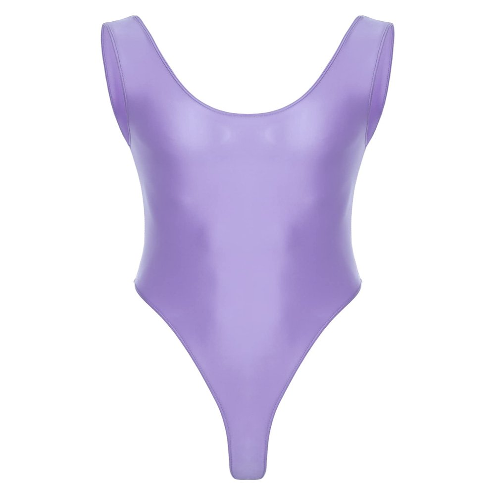 QinCiao Men's U Neck Bodysuits Tight Oil Glossy One Piece High Neck Tank Tops Shapewear Swimsuits Light Purple X-Large