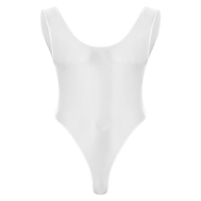 QinCiao Men's U Neck Bodysuits Tight Oil Glossy One Piece High Neck Tank Tops Shapewear Swimsuits White X-Large