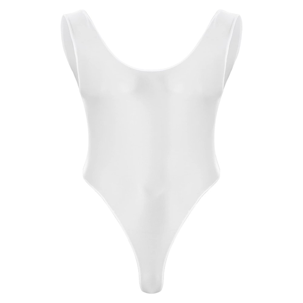 QinCiao Men's U Neck Bodysuits Tight Oil Glossy One Piece High Neck Tank Tops Shapewear Swimsuits White X-Large