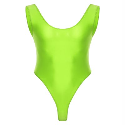 QinCiao Men's U Neck Bodysuits Tight Oil Glossy One Piece High Neck Tank Tops Shapewear Swimsuits Fluorescent Green X-Large
