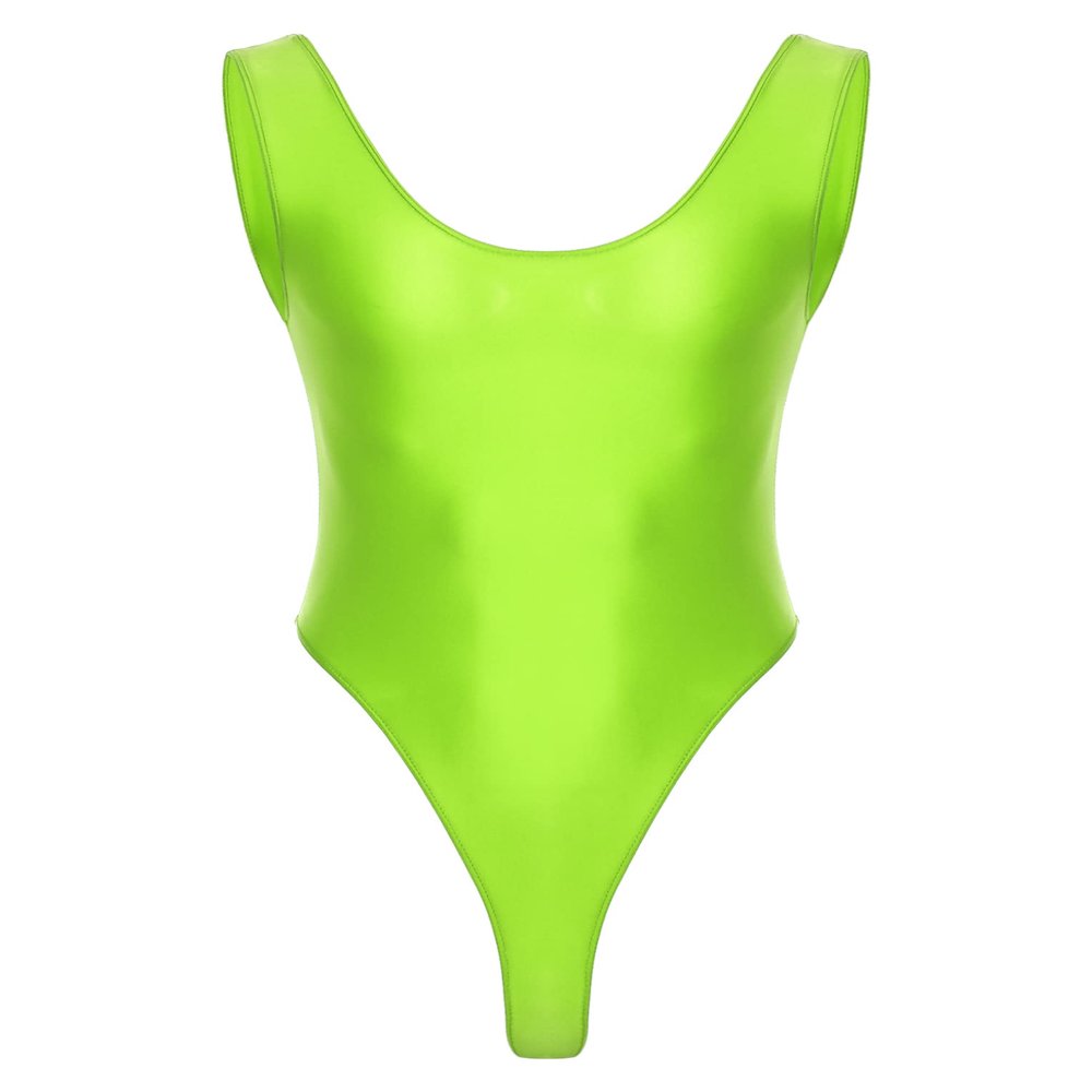 QinCiao Men's U Neck Bodysuits Tight Oil Glossy One Piece High Neck Tank Tops Shapewear Swimsuits Fluorescent Green X-Large