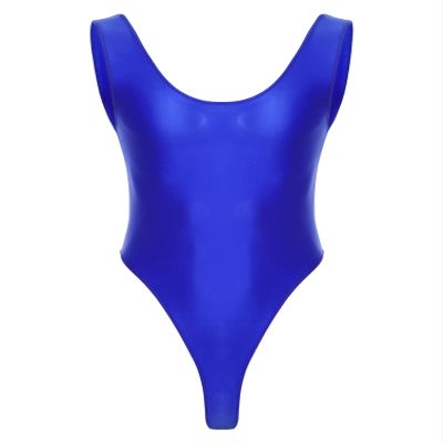 Agoky Men's Shiny Oil Glossy Bodysuits Glossy Silky Tank Tops Bikini Leotard Smooth Jumpsuits Blue X-Large