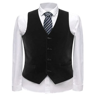 Zeattall Men's Vest Velvet V-Neck Formal Suit Vests Groom Vest Slim Fit Wedding Waistcoat(Black,XL)
