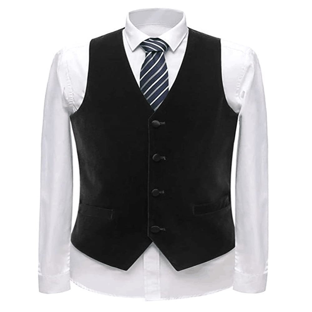 Zeattall Men's Vest Velvet V-Neck Formal Suit Vests Groom Vest Slim Fit Wedding Waistcoat(Black,XL)