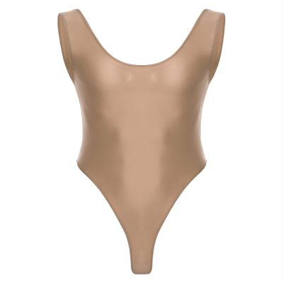 LiiYii Men's Oil Shiny Bodysuit Tank Vest Tops One Piece Shapewear High Elastic Tights Slim Leotard Coffee X-Large