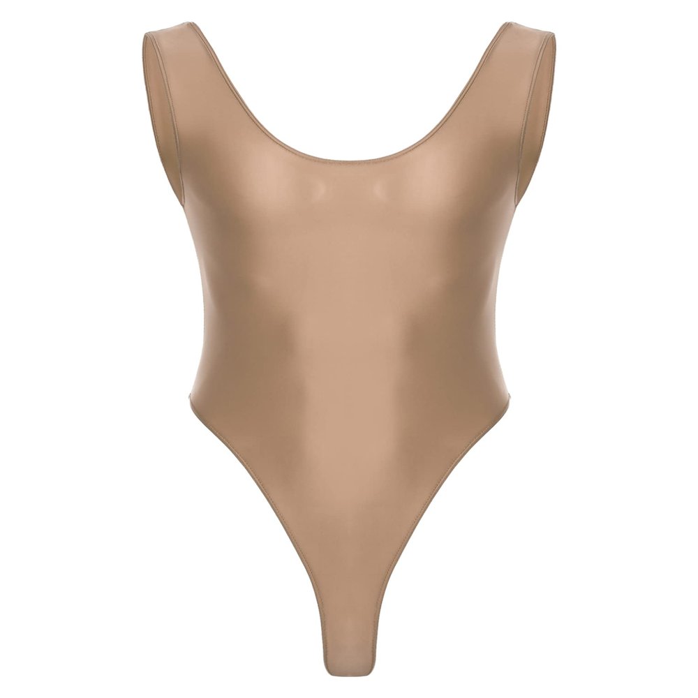 LiiYii Men's Oil Shiny Bodysuit Tank Vest Tops One Piece Shapewear High Elastic Tights Slim Leotard Coffee X-Large