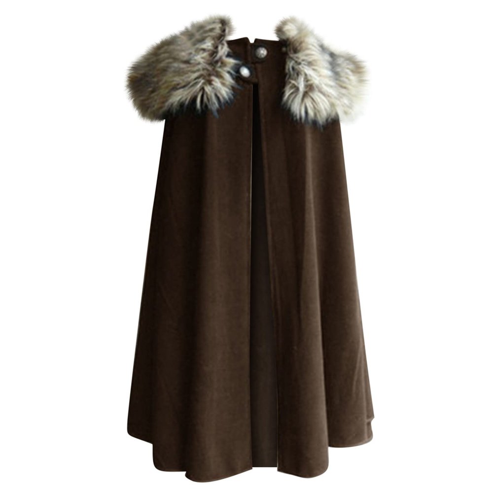 Cloak Coat for Men Winter Warm Gothic Wool Faux Fur Collar Long Cape Cloak Vintage Medieval Viking Fleece Jacket