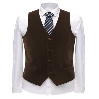 Zeattall Men's Vest Velvet V-Neck Formal Suit Vests Groom Vest Slim Fit Wedding Waistcoat(Coffee,XL)