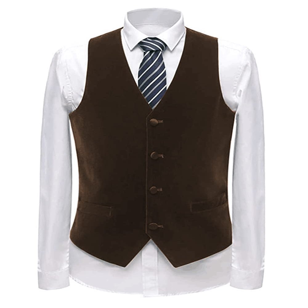 Zeattall Men's Vest Velvet V-Neck Formal Suit Vests Groom Vest Slim Fit Wedding Waistcoat(Coffee,XL)