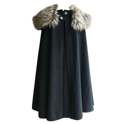 Cloak Coat for Men Winter Warm Gothic Wool Faux Fur Collar Long Cape Cloak Vintage Medieval Viking Fleece Jacket
