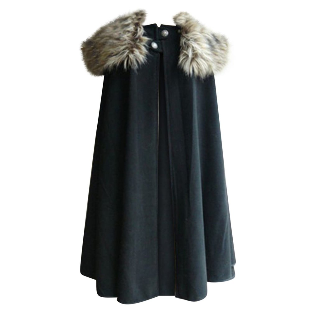 Cloak Coat for Men Winter Warm Gothic Wool Faux Fur Collar Long Cape Cloak Vintage Medieval Viking Fleece Jacket