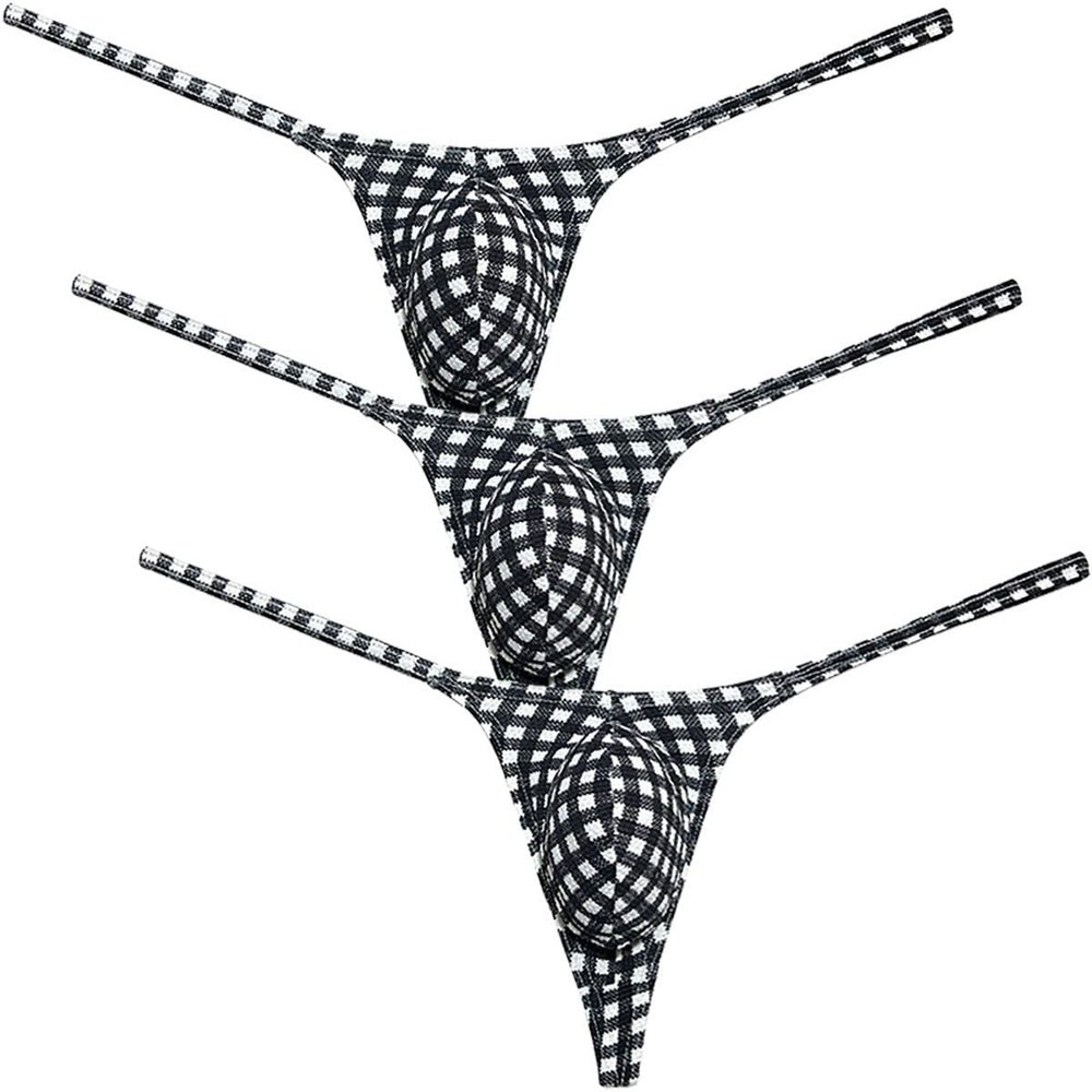Men's Breathable String Thong Underwear Bubble Knitted Bikini Tangas Male Enhance Pouch Bottoms Jocksrtap 3-Pack(Plaid) M