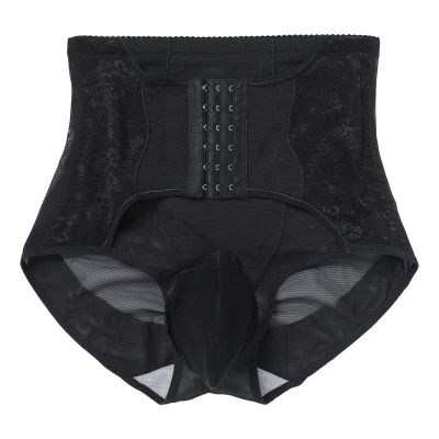 ABAFIP Men's Tummy Control Shapewear Underwear High Waist Body Shaper Slimming Girdle Waist Trainer Corset Lace Briefs Crossdress Lingerie Black Large(US Small)