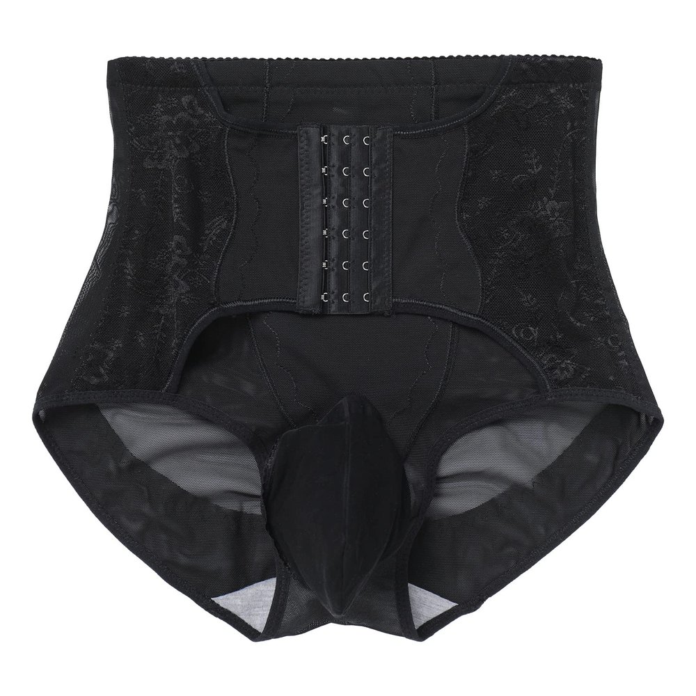 ABAFIP Men's Tummy Control Shapewear Underwear High Waist Body Shaper Slimming Girdle Waist Trainer Corset Lace Briefs Crossdress Lingerie Black Large(US Small)