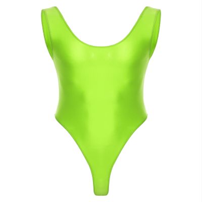 Hularka Men's Glossy Stretchy Bodysuit Swimwear Skinny Backless Sleeveless Vest Leotard Underwear Fluorescent Green X-Large