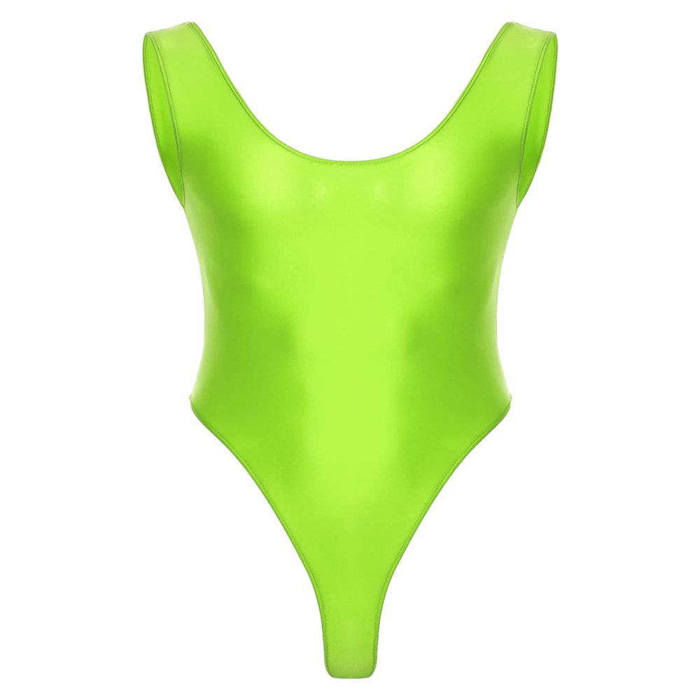 Hularka Men's Glossy Stretchy Bodysuit Swimwear Skinny Backless Sleeveless Vest Leotard Underwear Fluorescent Green X-Large