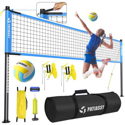 Patiassy Outdoor Volleyball Net System Portable and Easy Setup Adjustable Height Poles with Volleyball, Pump, Hammer, Boundary Line, and Carry Bag for Backyard, Beach, LawnBlue
