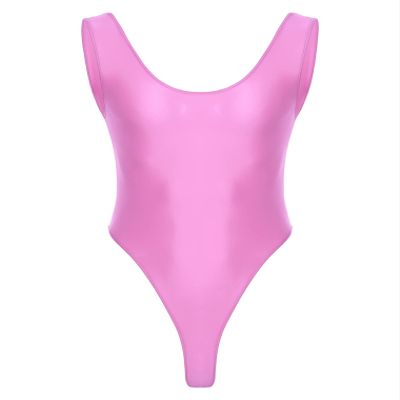 Hularka Men's Glossy Stretchy Bodysuit Swimwear Skinny Backless Sleeveless Vest Leotard Underwear Pink X-Large