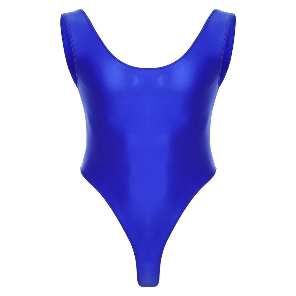 Hularka Men's Glossy Stretchy Bodysuit Swimwear Skinny Backless Sleeveless Vest Leotard Underwear Blue X-Large