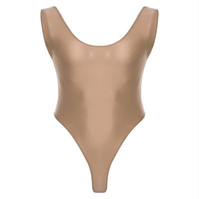 Hularka Men's Glossy Stretchy Bodysuit Swimwear Skinny Backless Sleeveless Vest Leotard Underwear Coffee X-Large