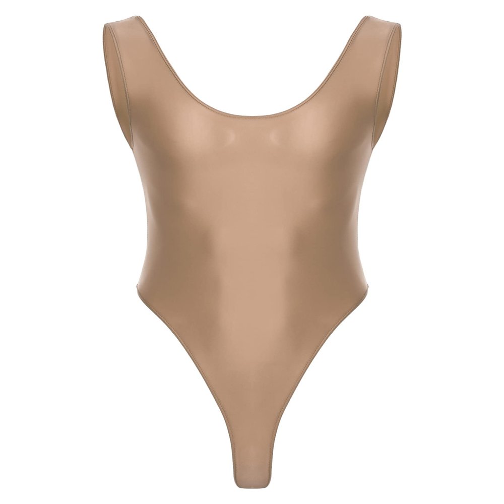 Hularka Men's Glossy Stretchy Bodysuit Swimwear Skinny Backless Sleeveless Vest Leotard Underwear Coffee X-Large