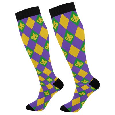Wusikd Mardi Gras Lilyes Compression Socks for Women and Men Circulation Purple Yellow Plaid Long Socks for Athletic Running 1