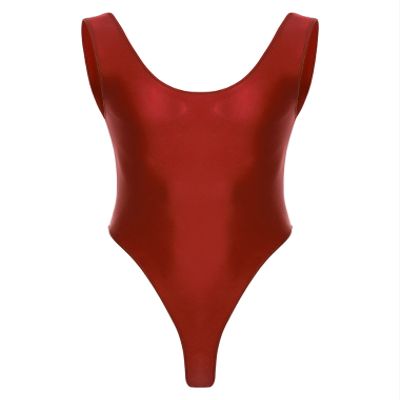 Hularka Men's Glossy Stretchy Bodysuit Swimwear Skinny Backless Sleeveless Vest Leotard Underwear Burgundy X-Large