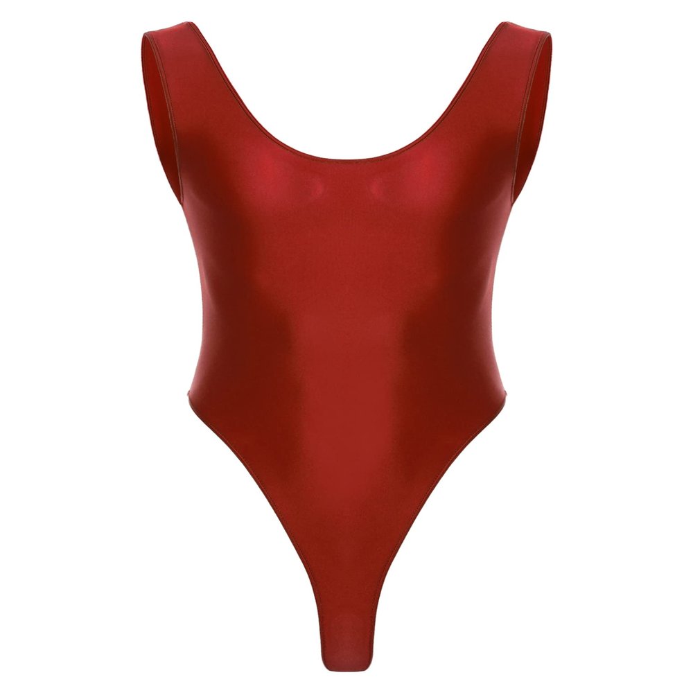 Hularka Men's Glossy Stretchy Bodysuit Swimwear Skinny Backless Sleeveless Vest Leotard Underwear Burgundy X-Large